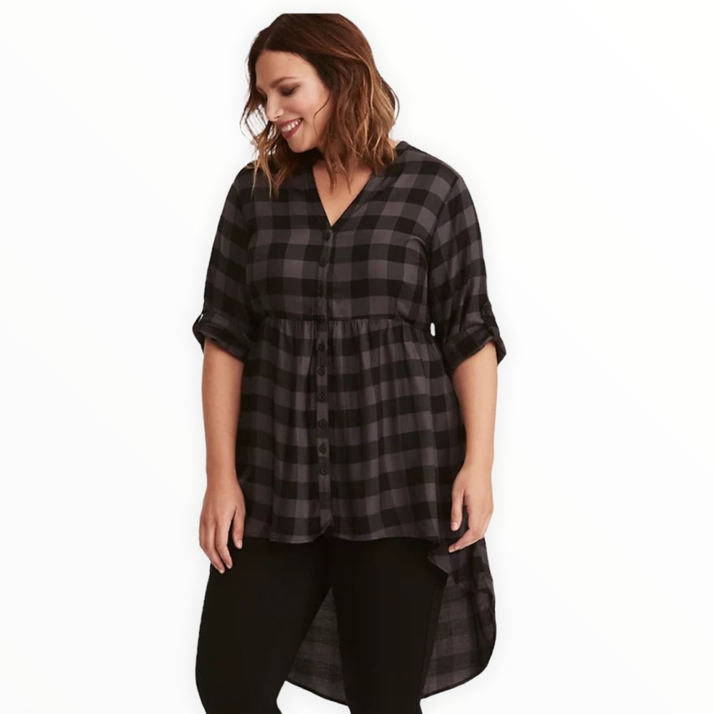 Torrid Black Grey Buffalo Check Button Front Challis Baby Doll Tunic, 2, 2X - Picture 11 of 11